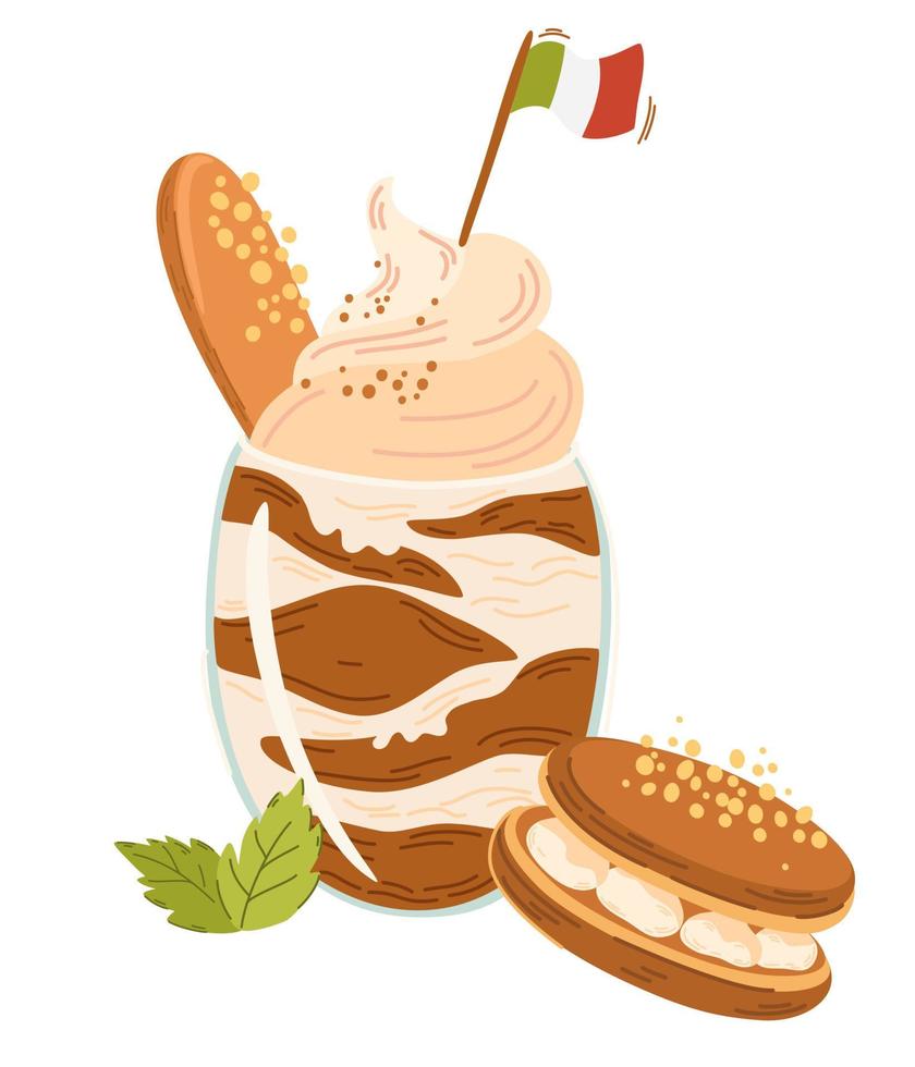 Tiramisu. Sweet Italian cake in a glass with cookies and mint. Perfect dessert for restaurant menu posters and prints. Vector cartoon illustration, isolated element.