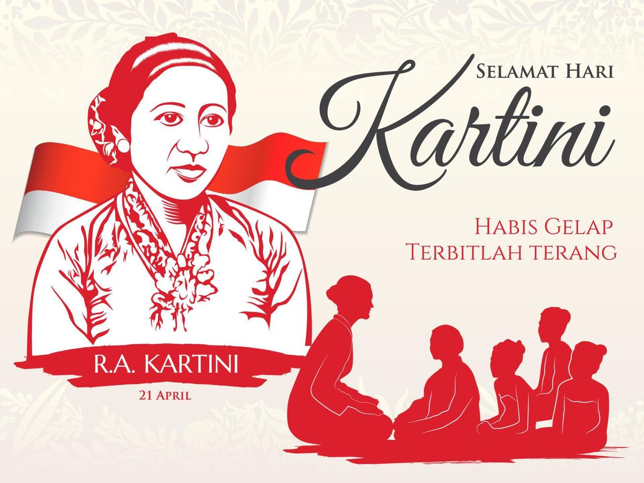 selamat hari kartini. traducción feliz día de kartini. kartini es la heroína de la educación de las mujeres y los derechos humanos en indonesia vector