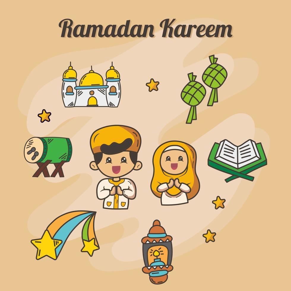 elementos de ramadan kareem con estilo de dibujo a mano vector