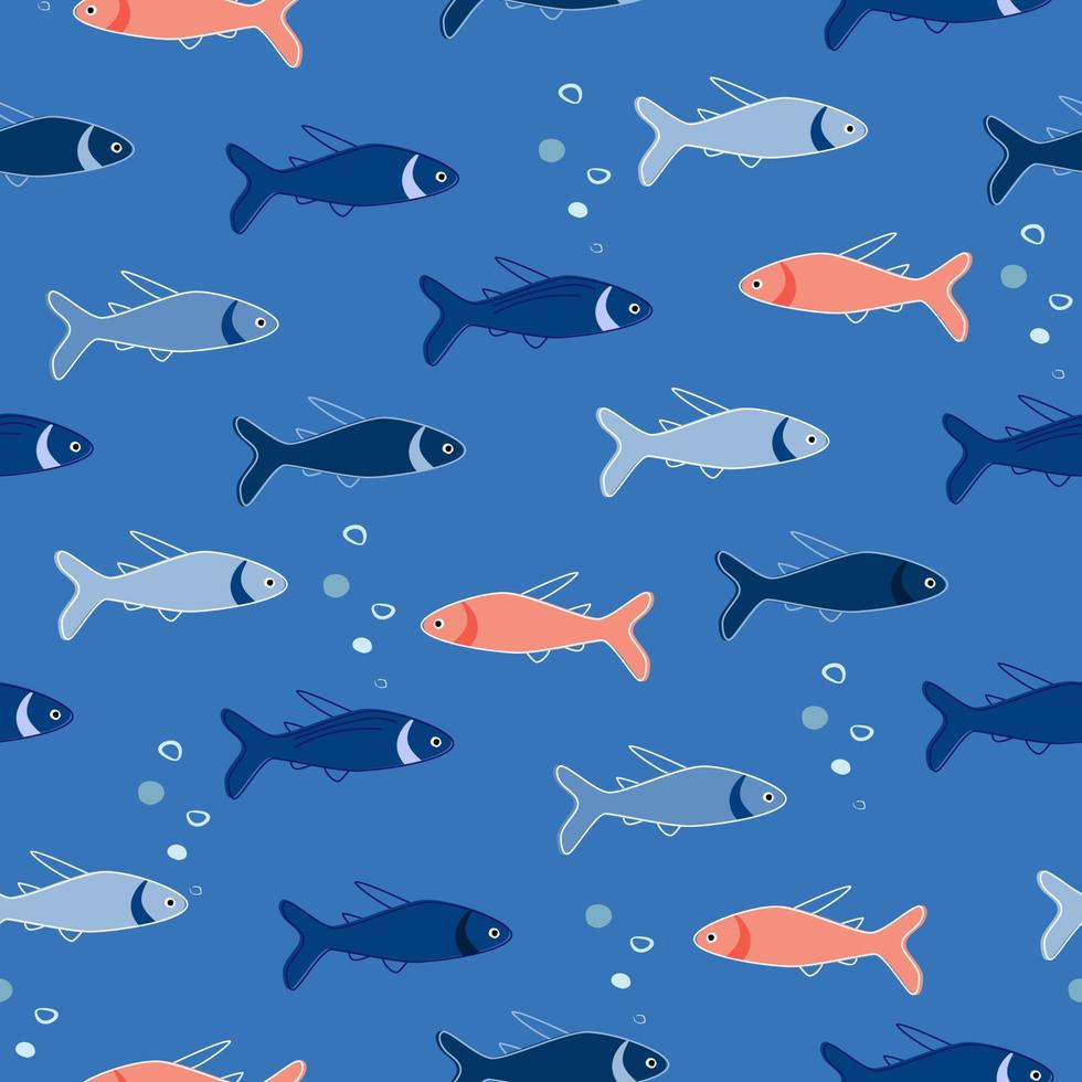 Seamless pattern with marine animals. Sea fish swim underwater. The concept of opposition, individuality, uniqueness. Vector graphics.