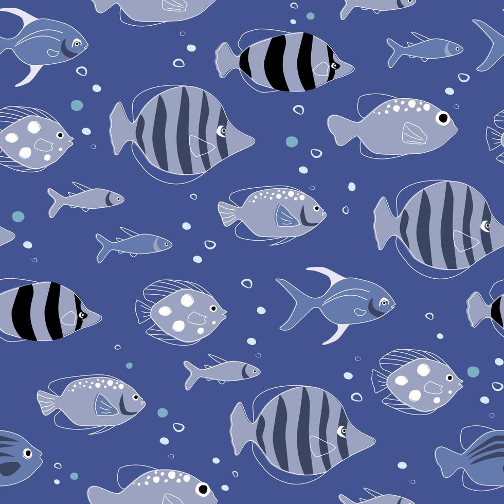 Seamless pattern with marine life. Different fish swim in the sea. Vector graphics.