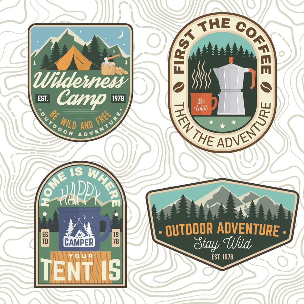 Set of Summer camp patches. Vector. Concept for print, stamp, apparel or tee. Vintage design with lantern, pocket knife, campin tent, axe, mountain, campfire and forest silhouette vector