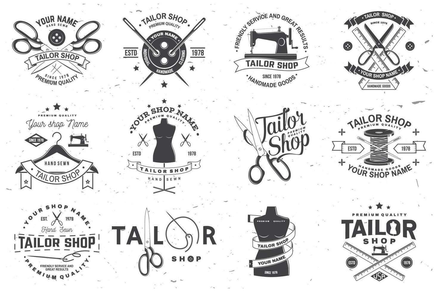 insignia de sastrería. vector. concepto para camisa, estampado, etiqueta de sello o camiseta. diseño de tipografía vintage con aguja de coser y silueta de tijeras. diseño retro para el negocio de la tienda de costura vector