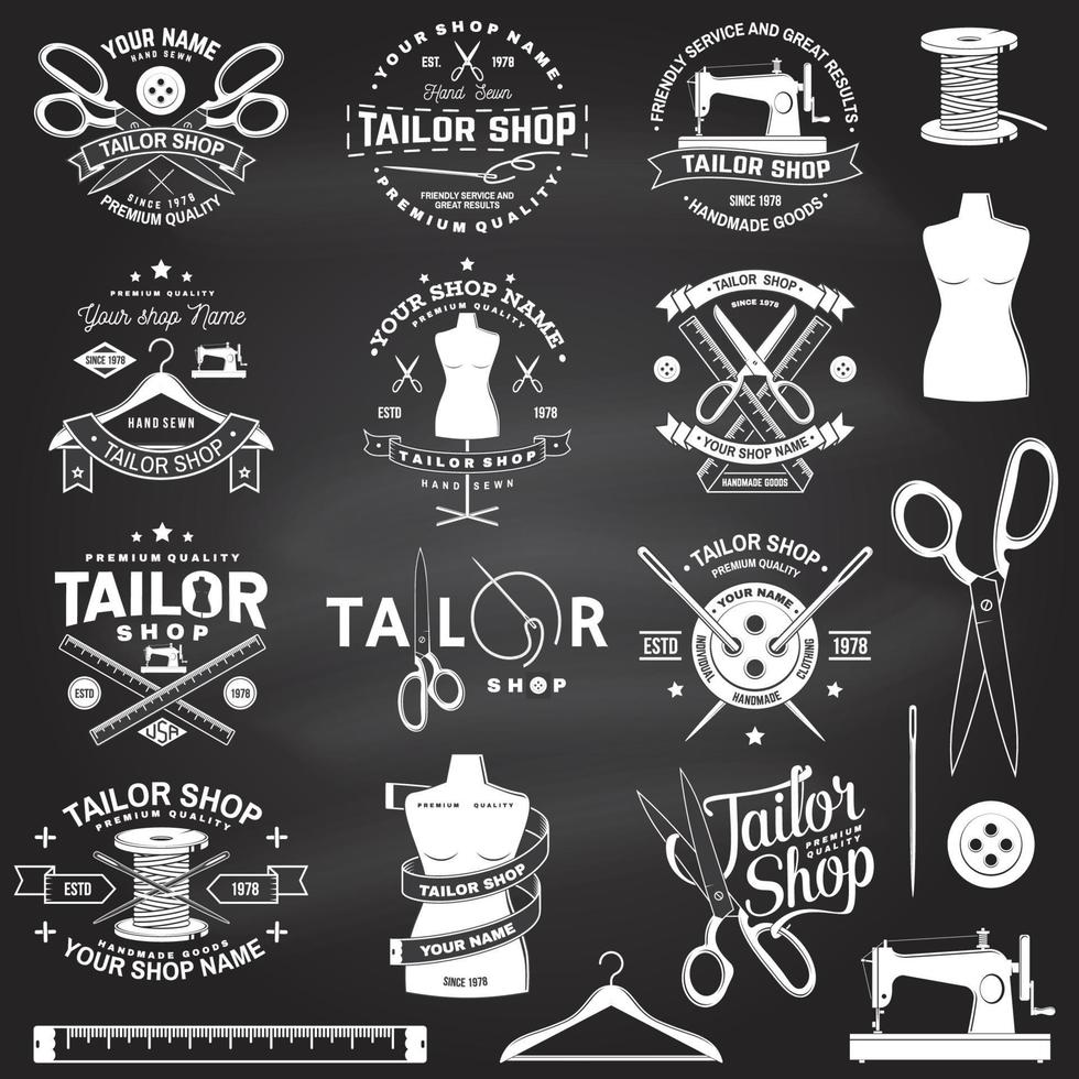 insignia de sastrería. vector. concepto para camisa, estampado, etiqueta de sello o camiseta. diseño de tipografía vintage con aguja de coser y silueta de tijeras. diseño retro para el negocio de la tienda de costura vector