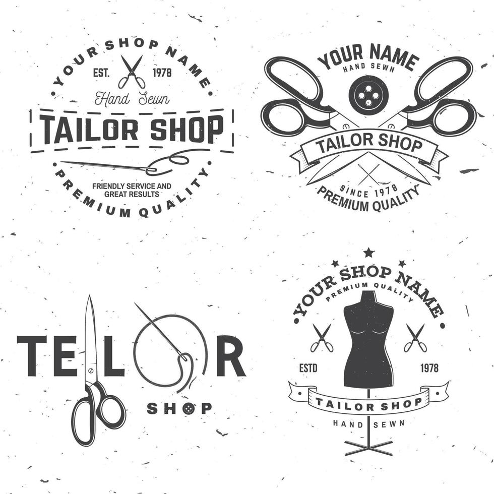 insignia de sastrería. vector. concepto para camisa, estampado, etiqueta de sello o camiseta. diseño de tipografía vintage con aguja de coser y silueta de tijeras. diseño retro para el negocio de la tienda de costura vector