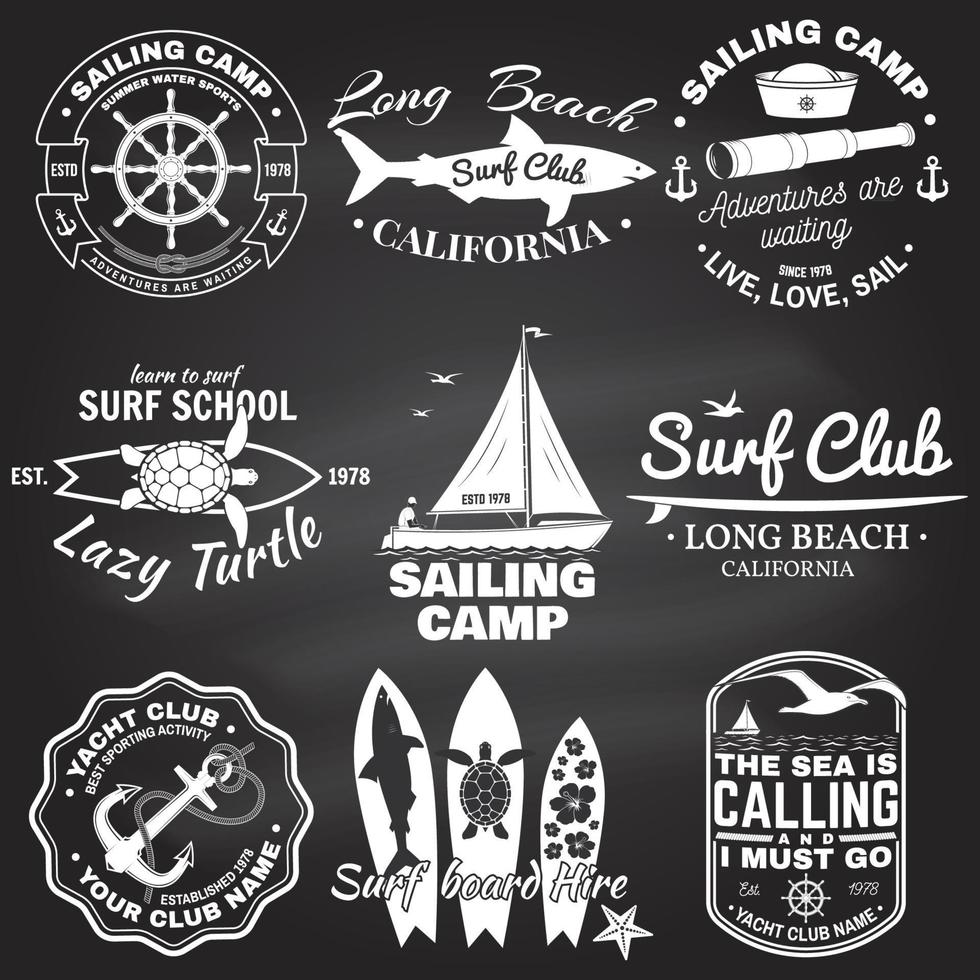 Set of sailing camp, yacht club and surf club badges. Vector. Concept for shirt, print, stamp. Vintage typography design with surfboard and sailing boat silhouette. Extreme water sport. vector