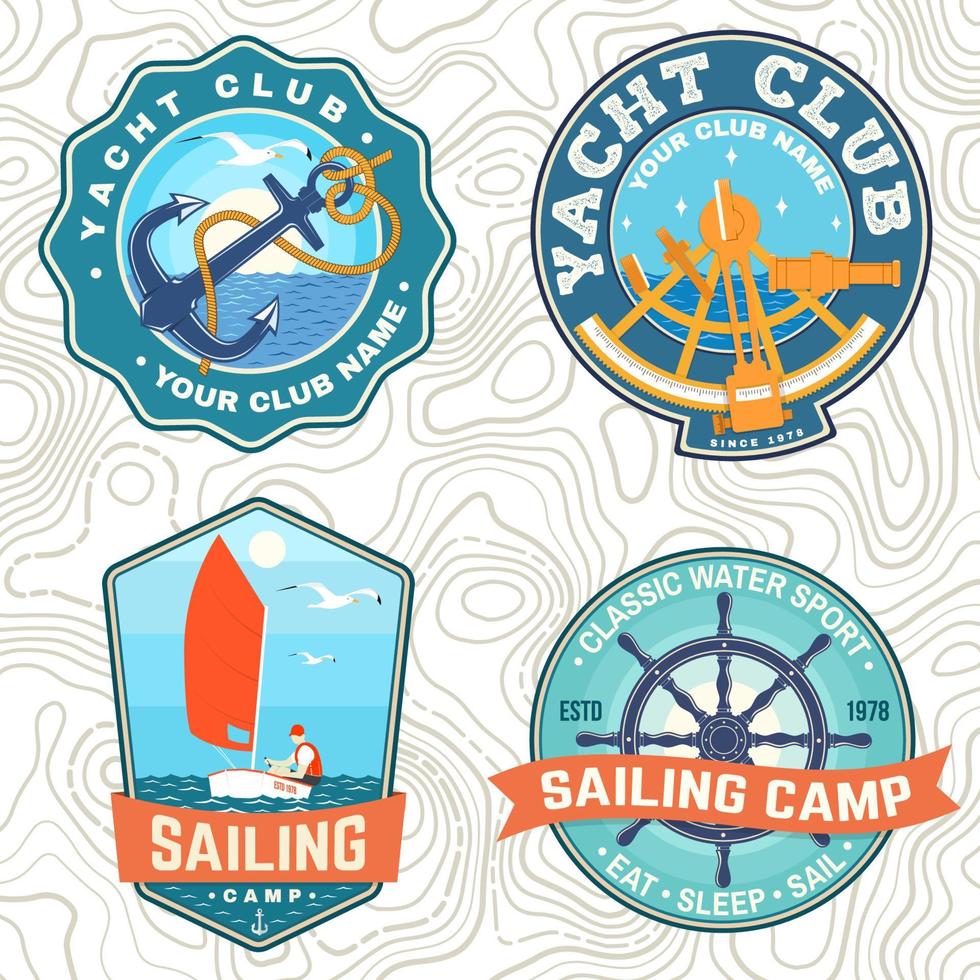 Set of summer sailing camp patches. Vector. Concept for shirt, stamp or tee. Vintage typography design with sea anchors, hand wheel, sail boat and rope knot silhouette. Ocean adventure. vector