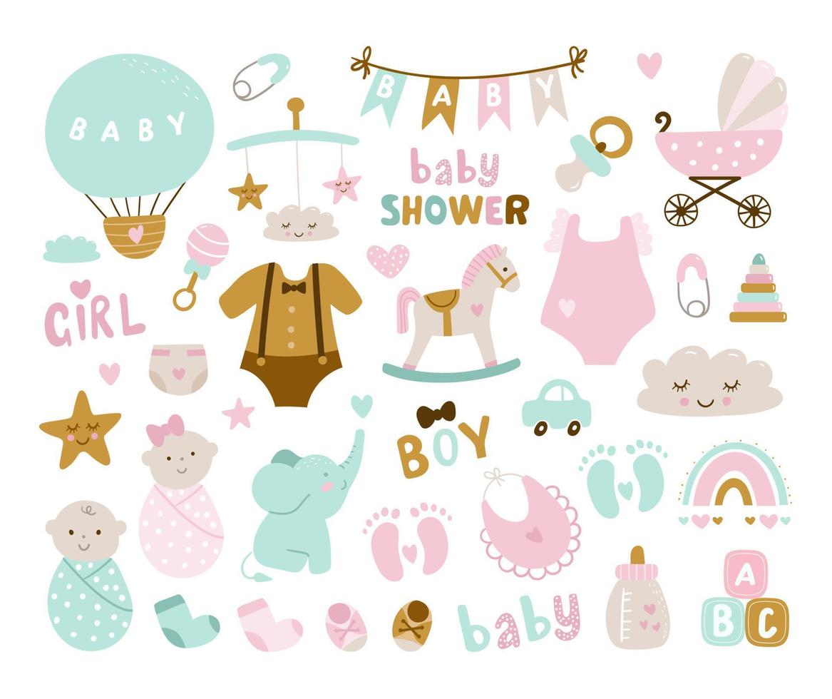 Hand drawn baby shower set with elements, elephant, toy, cloud, rainbow, milk, baby,  bottle, sock, star. Vector illustration