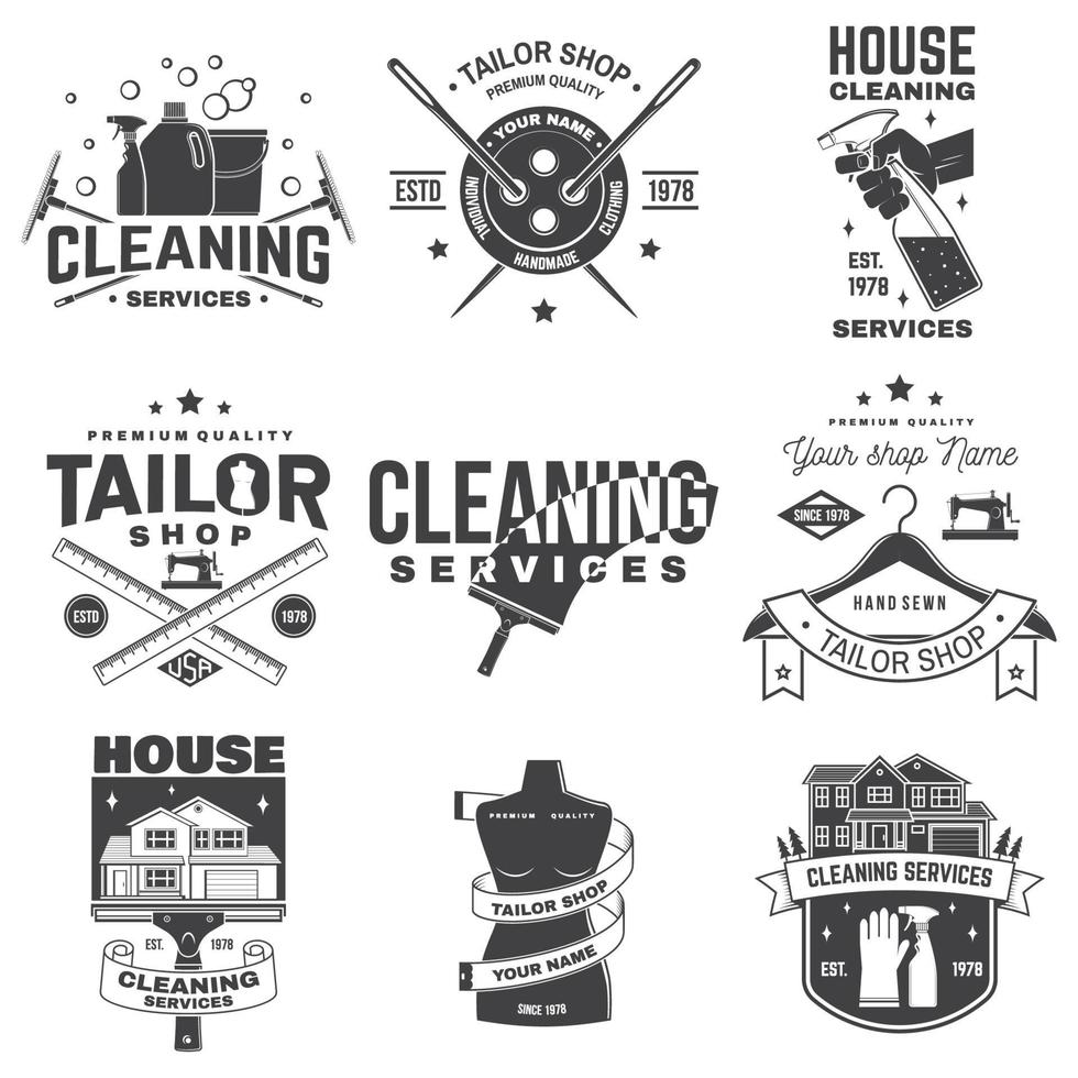 Set of tailor shop, cleaning company badges. Vector. Concept for shirt. Typography design with sewing, cleaning equipments silhouette. Retro design for sewing shop, cleaning service business vector