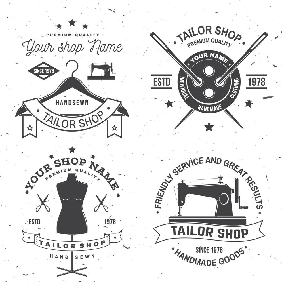 insignia de sastrería. vector. concepto para camisa, estampado, etiqueta de sello o camiseta. diseño de tipografía vintage con aguja de coser y silueta de tijeras. diseño retro para el negocio de la tienda de costura vector