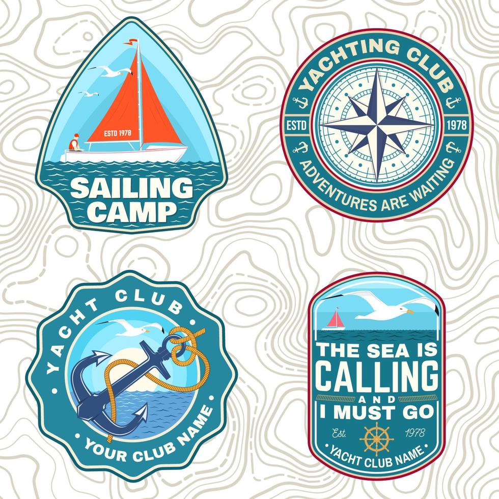 Set of summer sailing camp patches. Vector. Concept for shirt, stamp or tee. Vintage typography design with sea anchors, hand wheel, sail boat and rope knot silhouette. Ocean adventure. vector