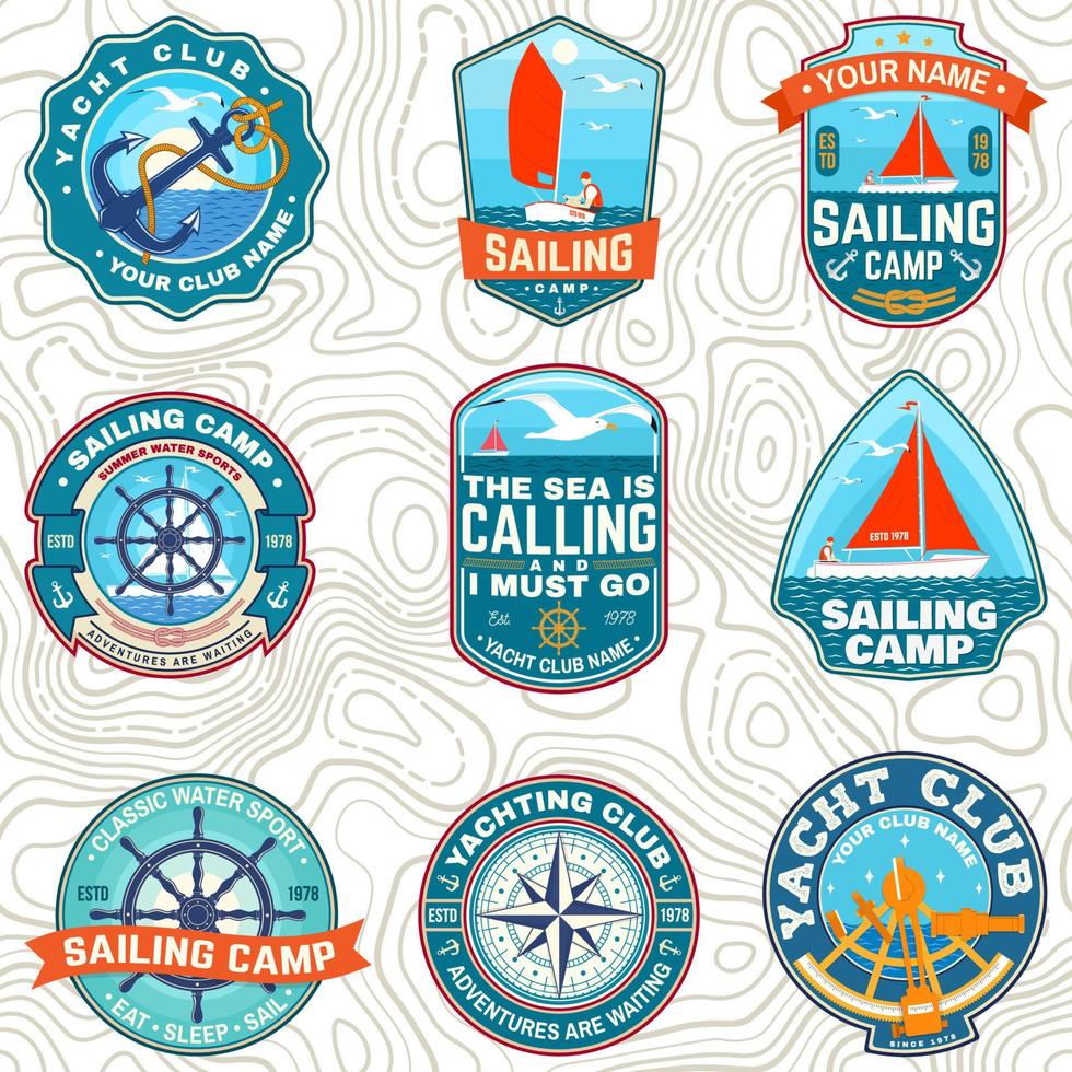 Set of summer sailing camp patches. Vector. Concept for shirt, stamp or tee. Vintage typography design with sea anchors, hand wheel, sail boat and rope knot silhouette. Ocean adventure. vector