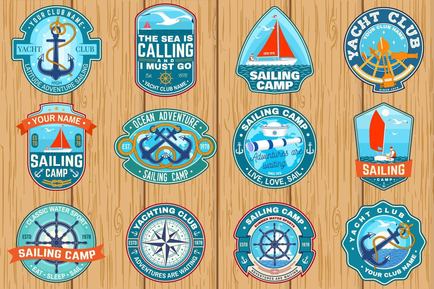 conjunto de parches de campamento de vela de verano. vector. concepto para camisa, sello o camiseta. diseño de tipografía vintage con anclas marinas, rueda de mano, velero y silueta de nudo de cuerda. aventura oceánica. vector