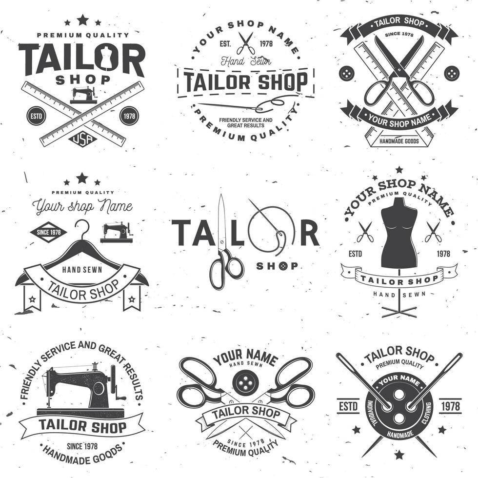 insignia de sastrería. vector. concepto para camisa, estampado, etiqueta de sello o camiseta. diseño de tipografía vintage con aguja de coser y silueta de tijeras. diseño retro para el negocio de la tienda de costura vector