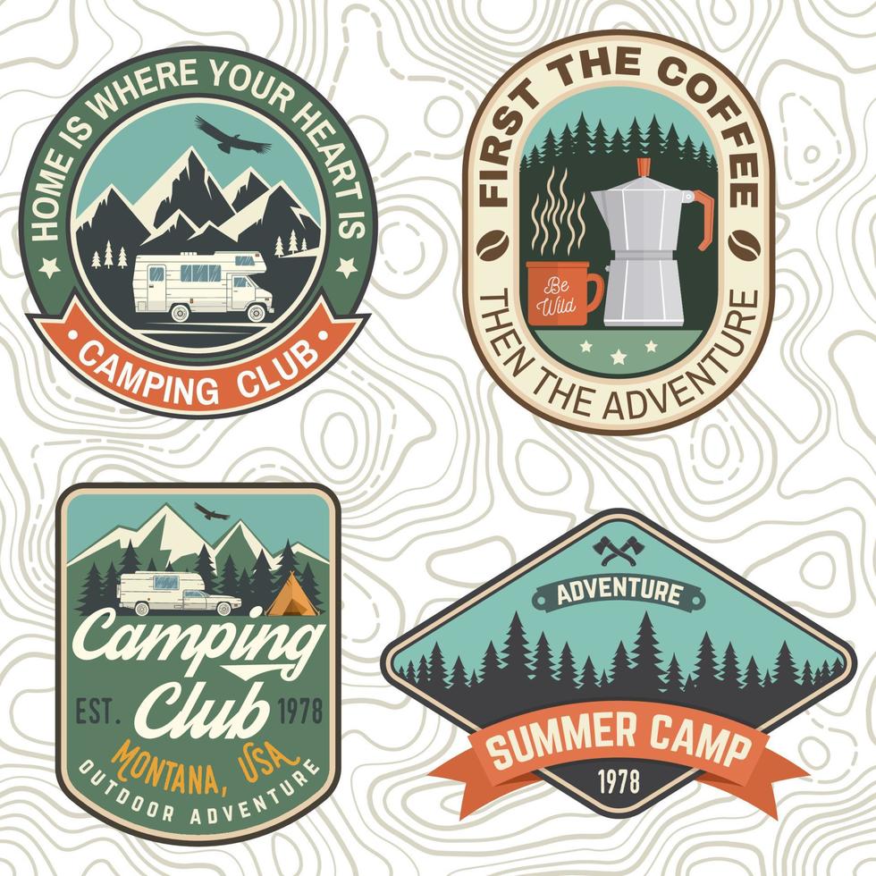 Set of Camping and caravanning club badges. Vector. Concept for logo, print, stamp, patch or tee. Vintage typography design with camp trailer, coffee maker, forest and mountain silhouette. vector