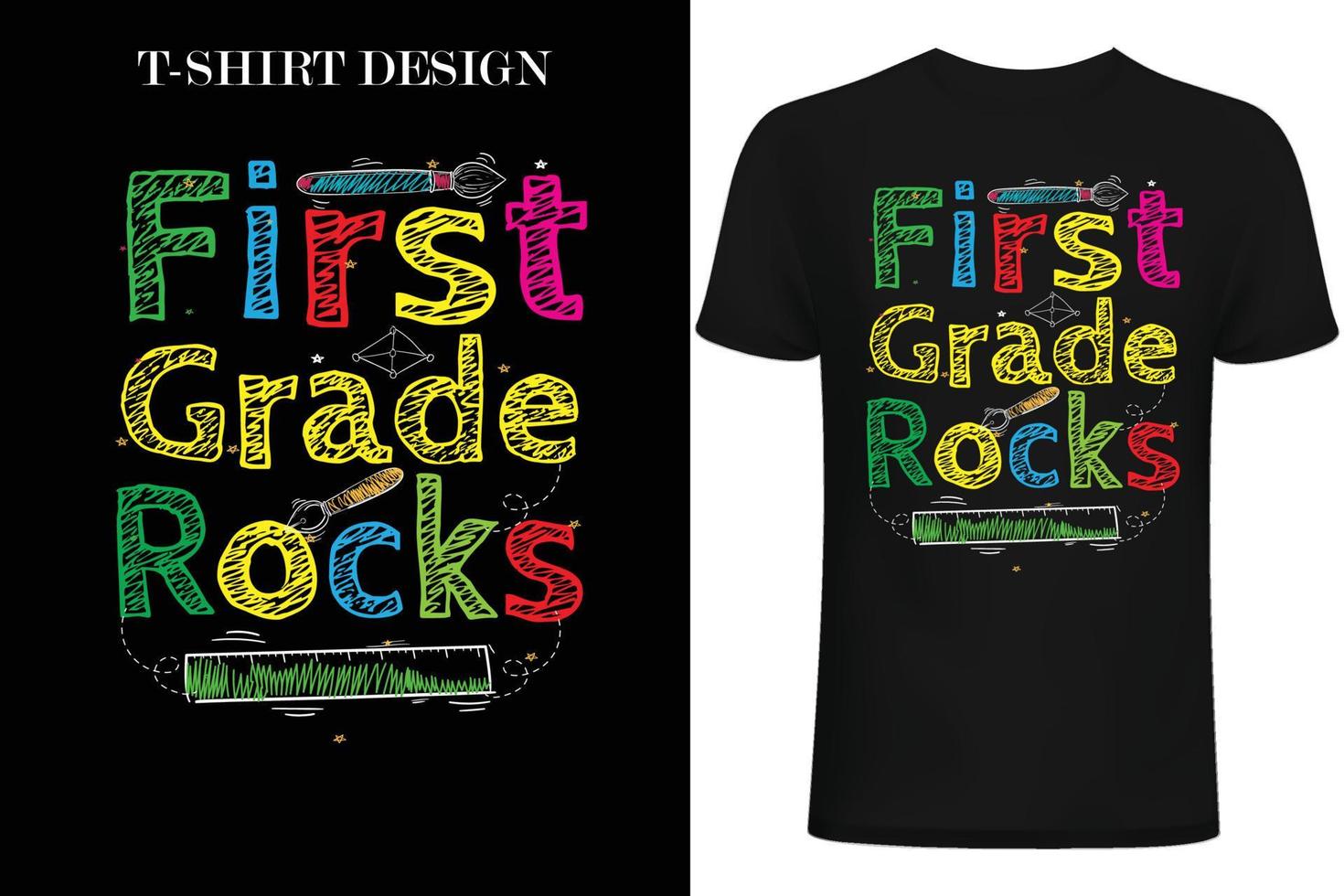 Diseño de camisetas de rock de primer grado. Diseño de camisetas de primer día en la escuela. vector