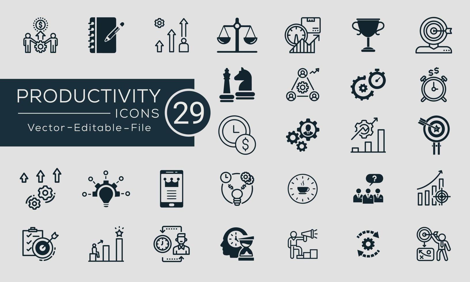 Set of Productivity concept icons design. Contains such icons performance, goal, process, time management and more, can be used for web and apps. Free Vector