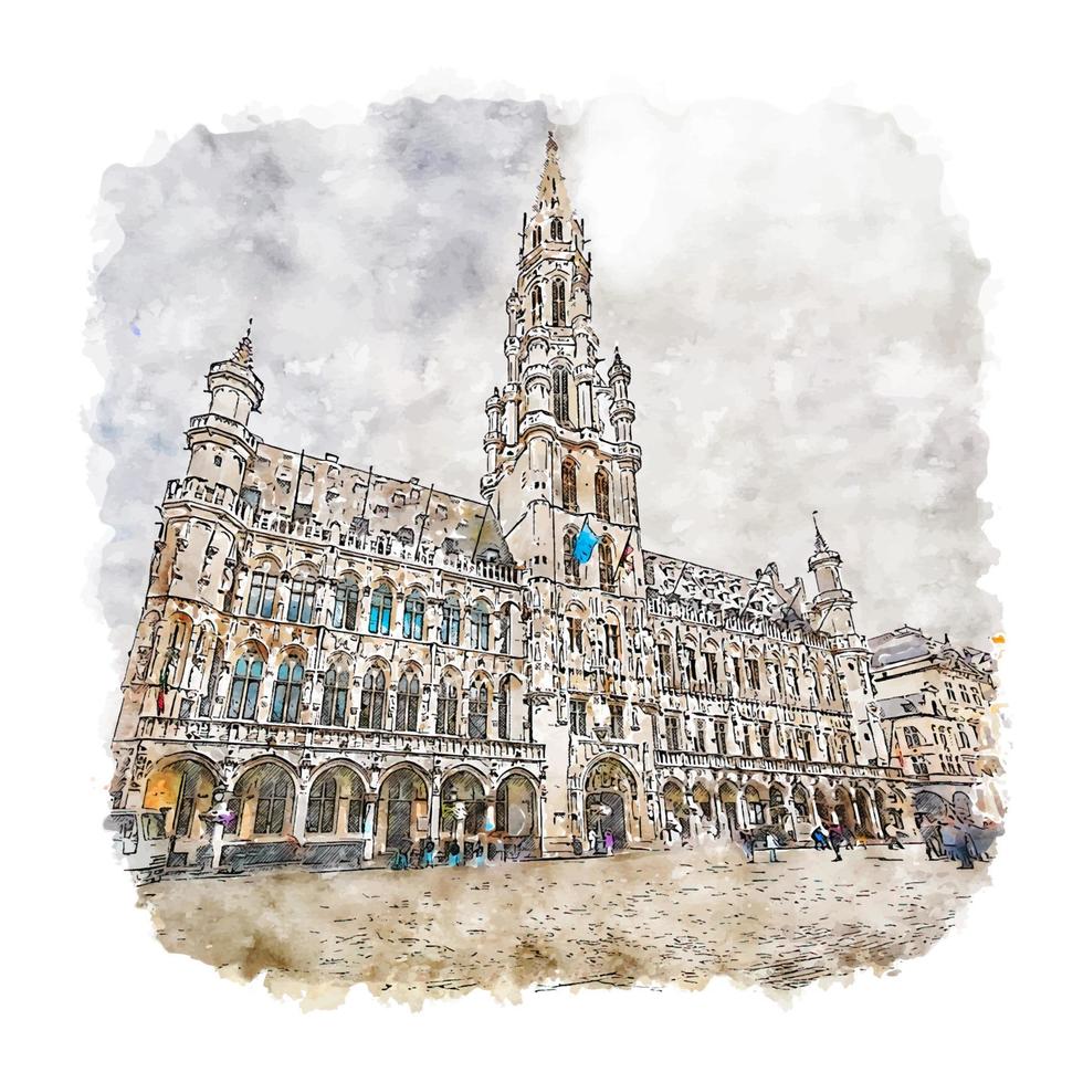 Brussels Town Hall Belgium Watercolor sketch hand drawn illustration vector