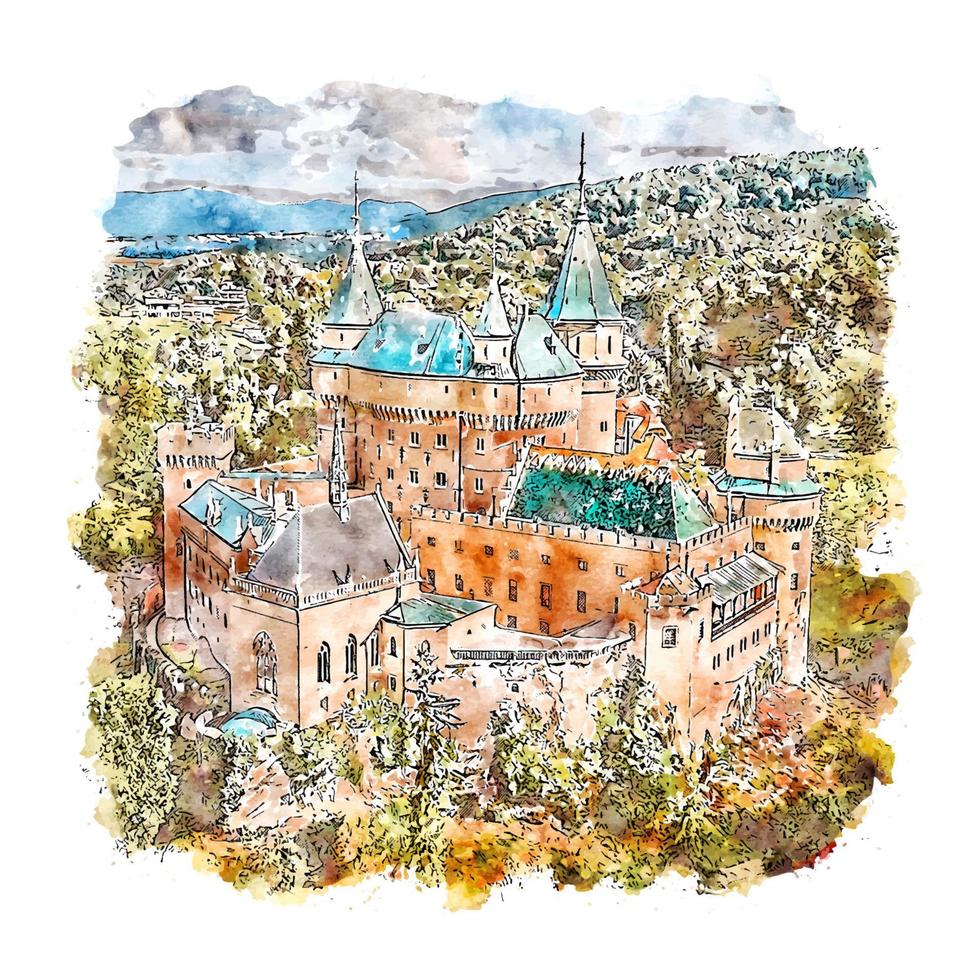 Bojnice Castle Slovakia Watercolor sketch hand drawn illustration vector