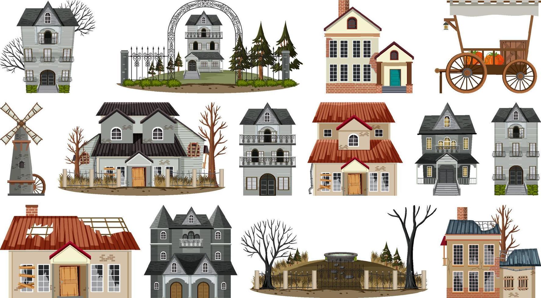 conjunto de casas y edificios abandonados. vector