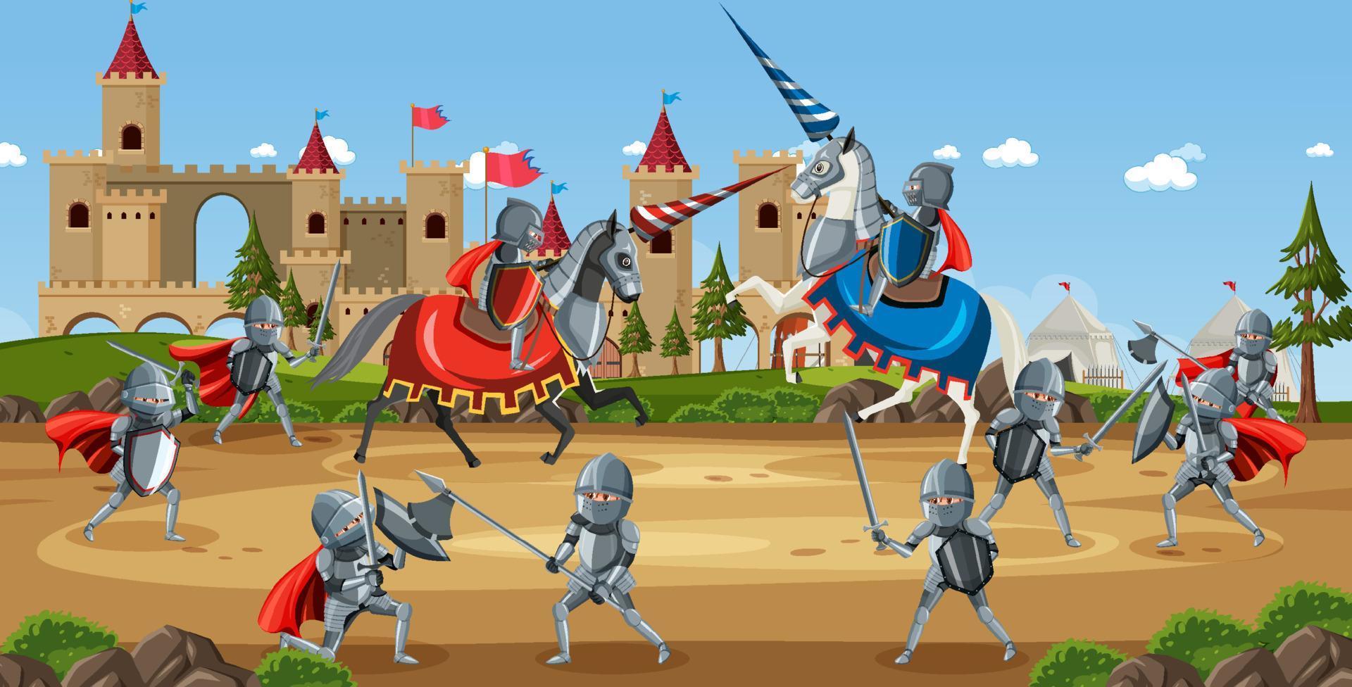 Outdoor scene with medieval warriors fighting in battle vector