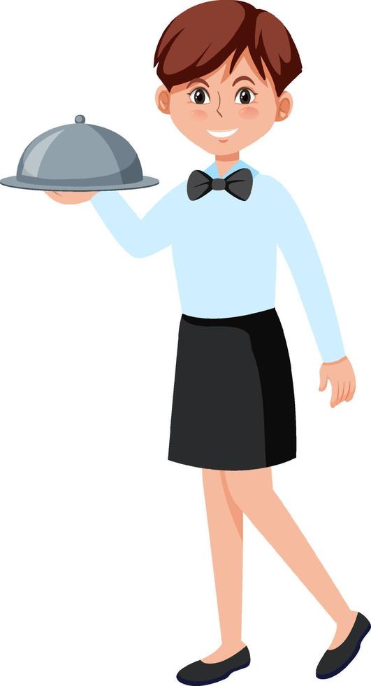 una joven camarera sirviendo comida de fondo blanco vector