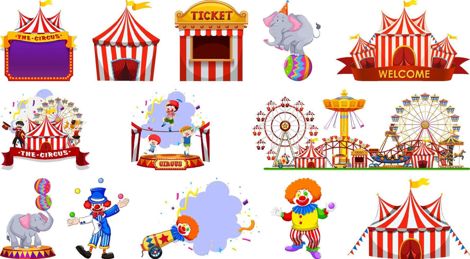 Set of circus characters and amusement park elements vector