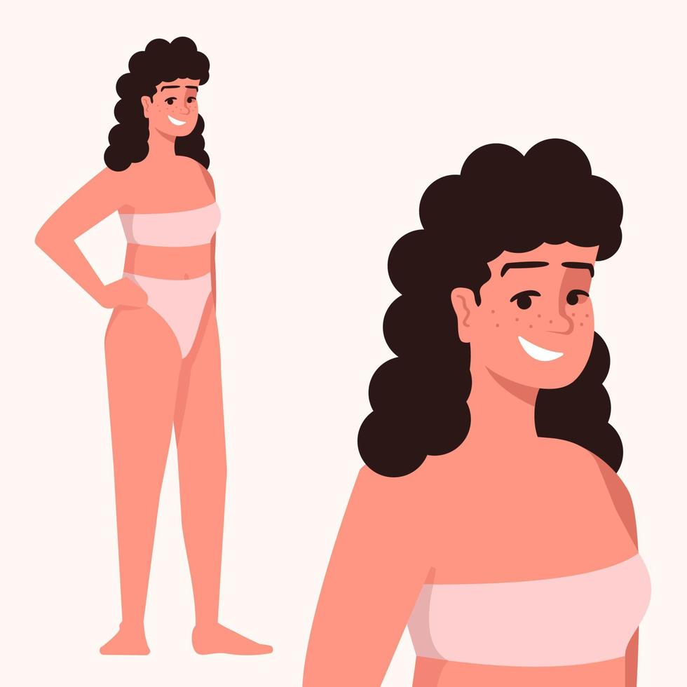 mujer vestida con traje de baño de dos piezas ilustración vectorial plana. figura delgada cuerpo positivo. dama caucásica sonriente con cabello negro rizado y pecas personaje de dibujos animados aislado sobre fondo blanco vector