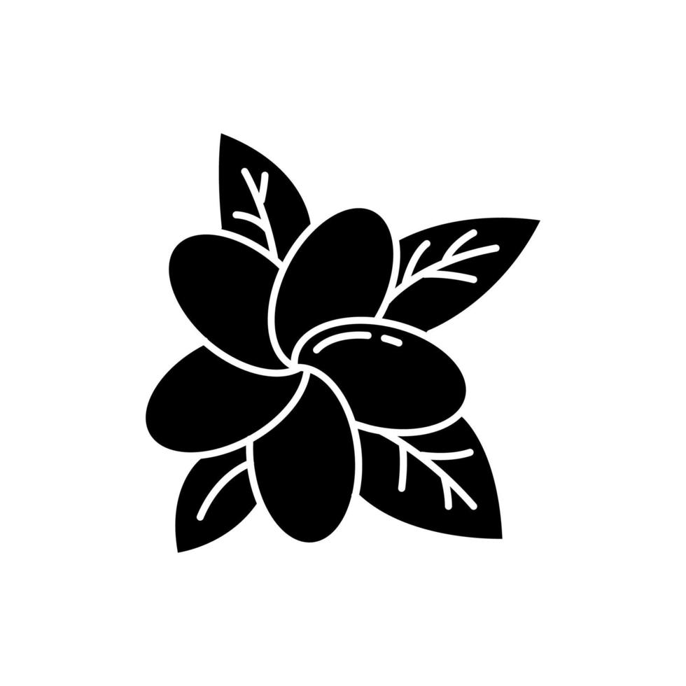 Plumeria glyph icon. Exotic region flowers. Flora of Indonesian islands. Small tropical plants. Blossom of frangipani with leaves. Silhouette symbol. Negative space. Vector isolated illustration