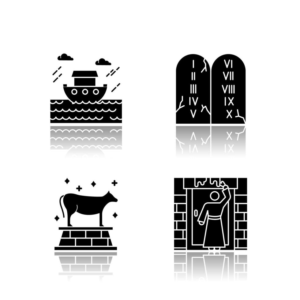 Bible narratives drop shadow black glyph icons set. The passover, the flood myths, ten commandments. Religious legends. Christian religion. Biblical stories plot. Isolated vector illustrations