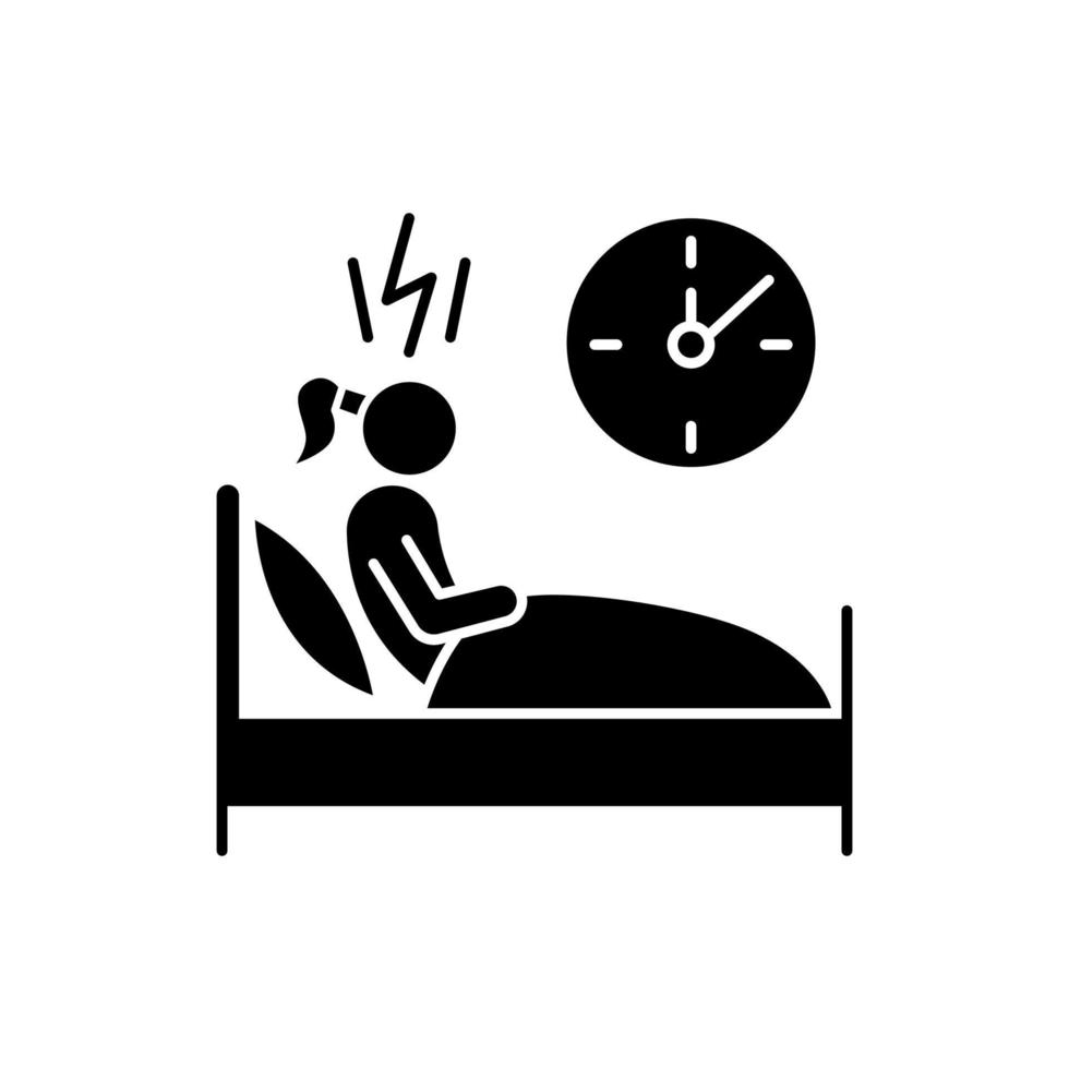 Change in sleep pattern glyph icon. Insomnia. Troubled woman. Stress and anxiety. Sleep deprivation. Restless girl at night. Silhouette symbol. Negative space. Vector isolated illustration