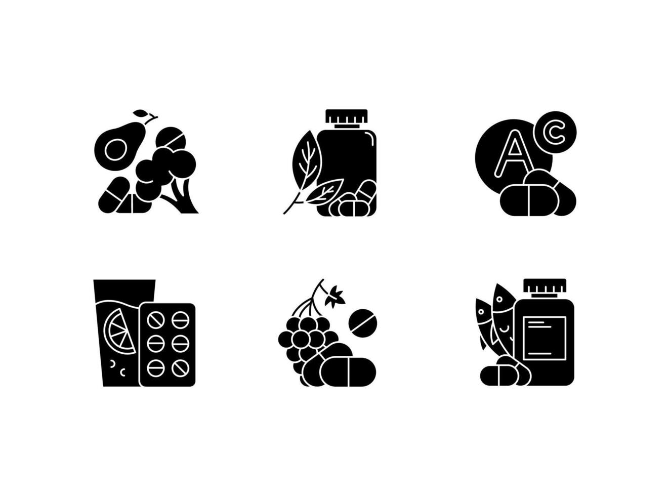 Vitamin intake glyph icons set. Vegetables and fruits for healthcare. Pharmaceutical aid. Diet supplement. Medication and pills. Multivitamin complex. Silhouette symbols. Vector isolated illustration