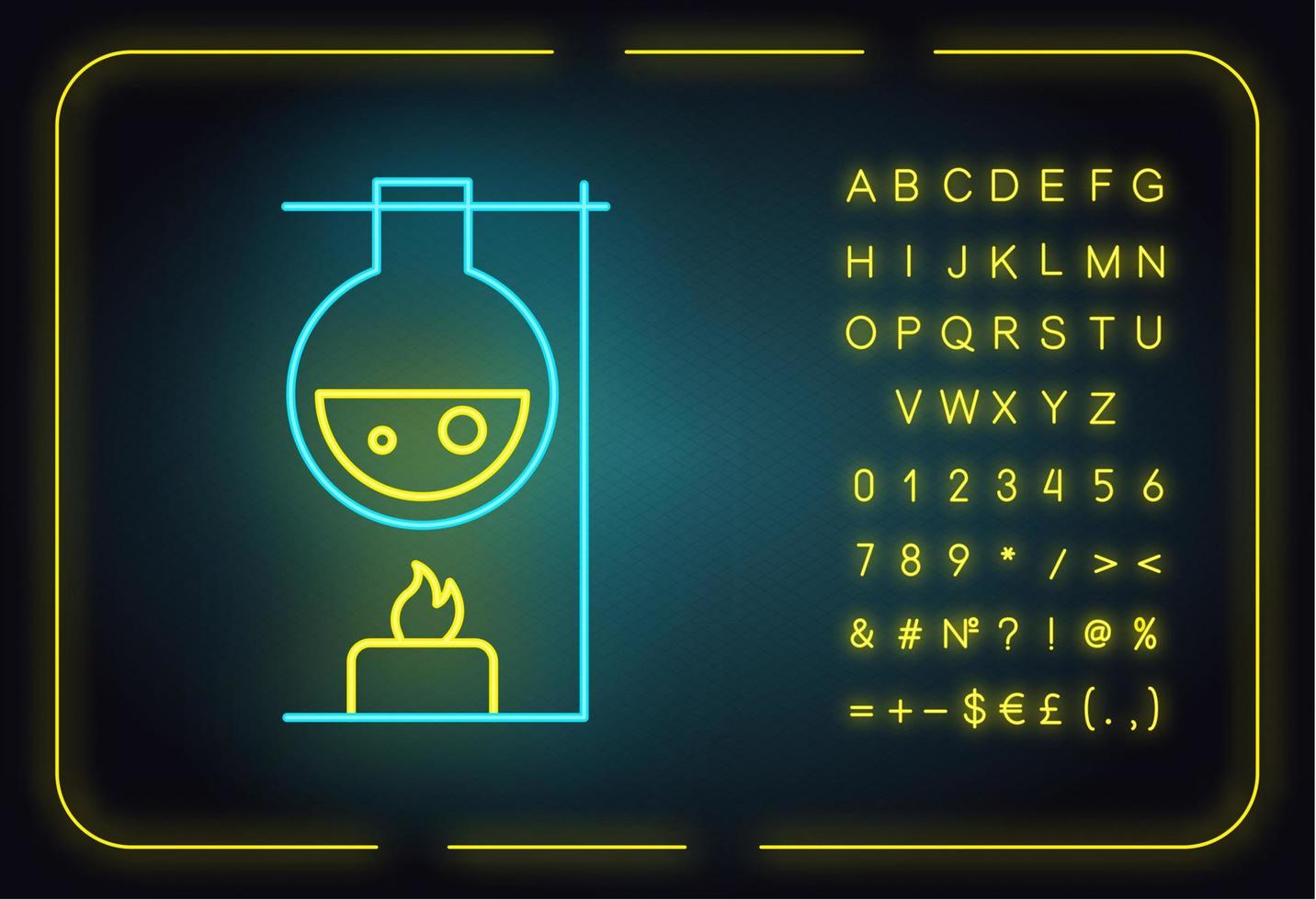 Matraz de laboratorio de calefacción con icono de luz de neón de vela. experimento de laboratorio interacción con productos químicos. química Orgánica. signo brillante con alfabeto, números y símbolos. ilustración vectorial aislada vector