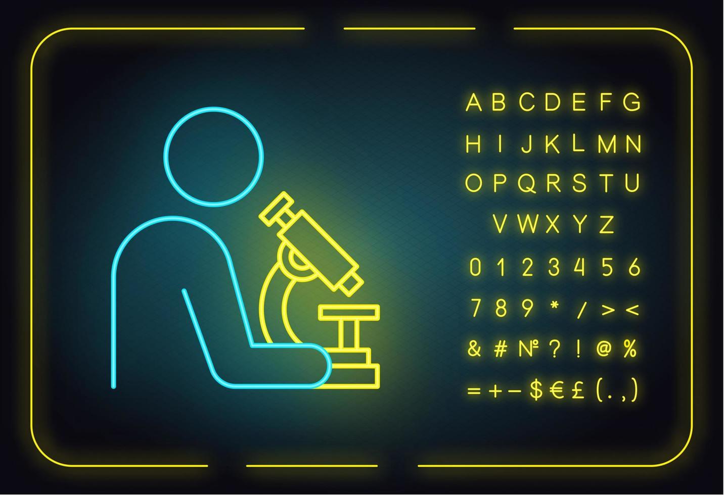 Man with microscope neon light icon. Scientist at work. Organic chemistry. Laboratory research. Conducting experiments. Glowing sign with alphabet, numbers and symbols. Vector isolated illustration