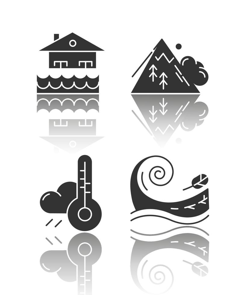 Natural disaster drop shadow black glyph icons set. Geological and atmospheric hazards. Flood, avalanche, weather forecast, tsunami. Destructive force of nature. Isolated vector illustrations