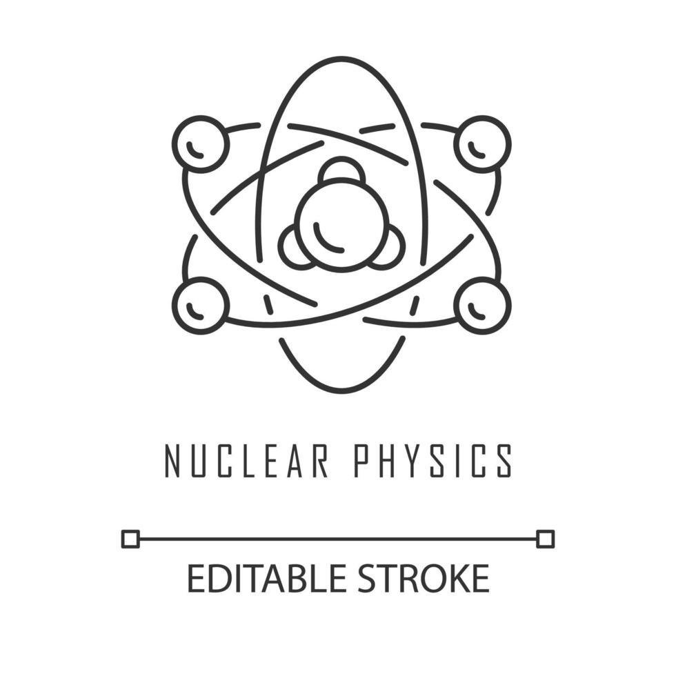Nuclear physics linear icon. Atomic structure. Electrons, neutrons and protons. Subatomic molecular particles. Thin line illustration. Contour symbol. Vector isolated outline drawing. Editable stroke