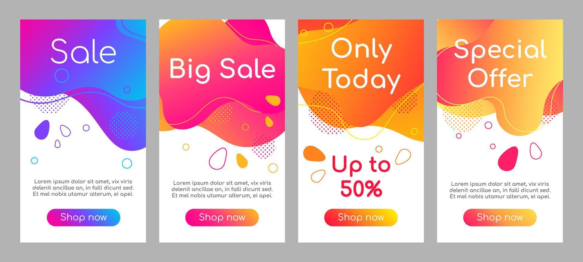 Sale abstract fluid mobile app screen mockup set. Discount, special offers bubble web banner, social media stories, website colorful design. Online store webpages template with liquid gradient shapes vector