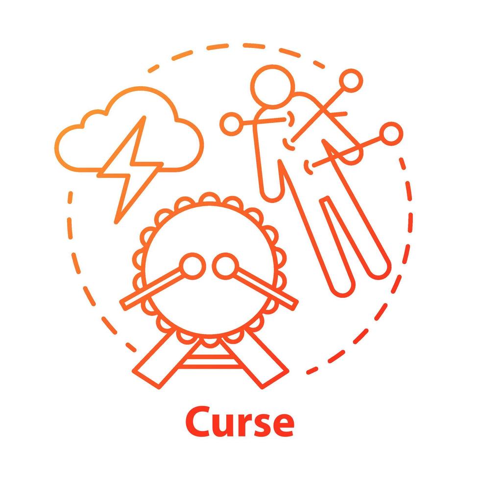 Curse concept icon. Occultism and witchcraft idea thin line illustration. Black magic, death spell, mystic ritual. Voodoo doll with needles, drum and storm cloud vector isolated outline drawing