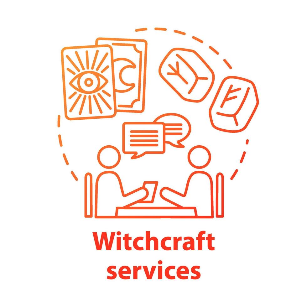 Witchcraft services concept icon. Fortune telling and divination idea thin line illustration. Future prediction. Rune stones, oracle with client and tarot cards vector isolated outline drawing