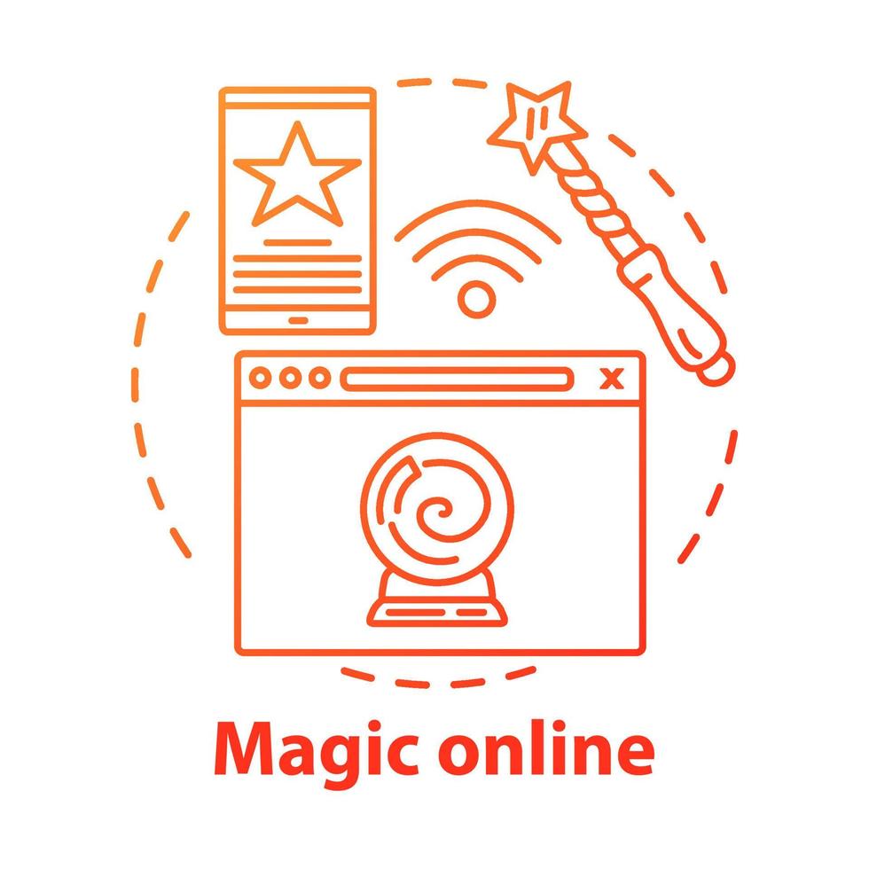Magic online concept icon. Modern esoterics idea thin line illustration. Internet technology, witchcraft, fortune telling service. Wizard wand and crystal ball vector isolated outline drawing
