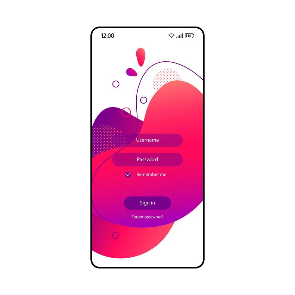 Login page smartphone interface vector fluid template. Mobile app pink and purple gradient design layout with password and username fields. Cellphone authorization screen with bubbles. Phone display