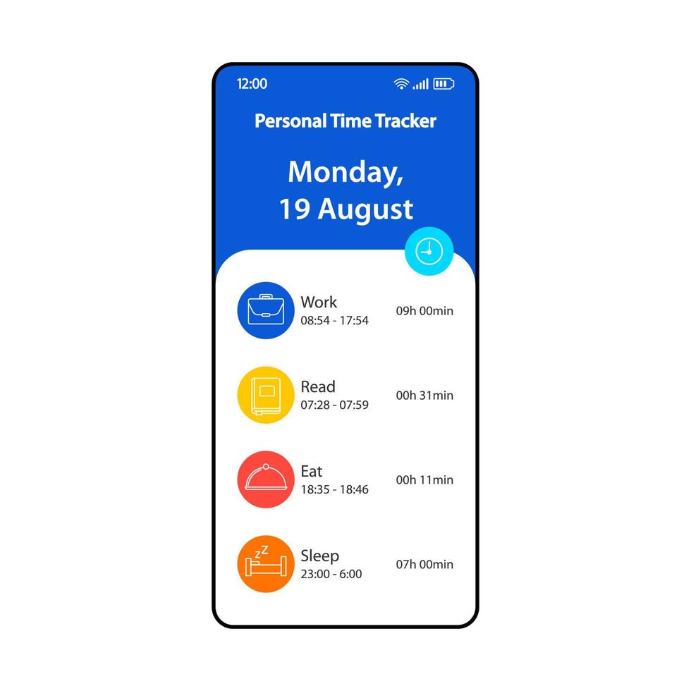 Personal time tracking app smartphone interface vector template. Mobile page design layout. Time tracker screen. Flat UI for application. Hours tracking software. Timetracker widget. Phone display