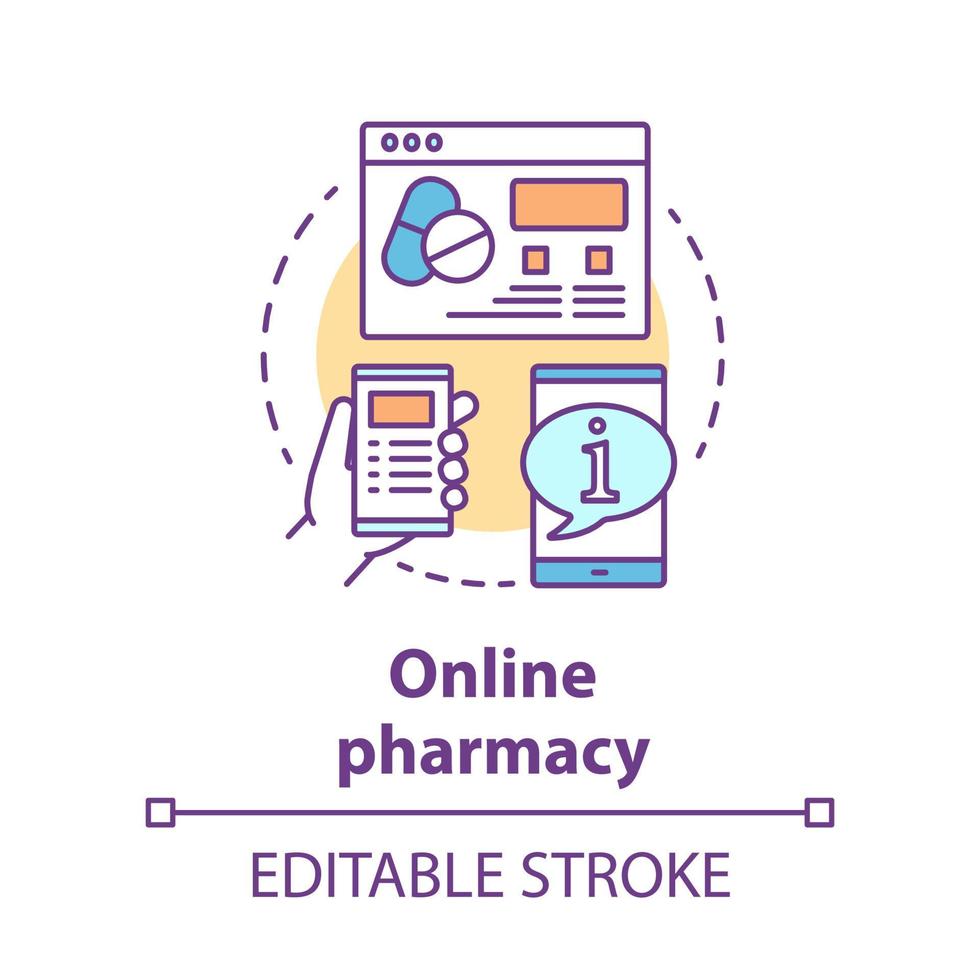 Online pharmacy concept icon. Virtual pharmacist service idea thin line illustration. Internet drugstore website, medical advice forum. Vector isolated outline drawing. Editable stroke