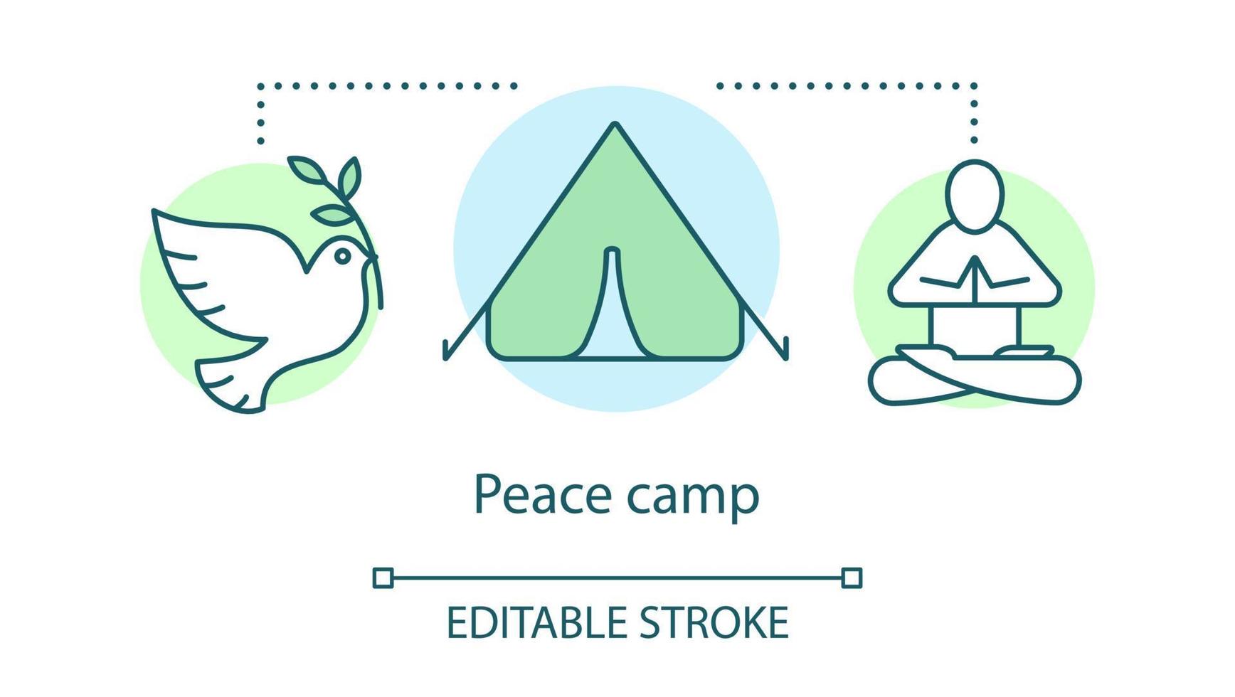 Peace camp concept icon. Anti war movement, nonviolent resistance, pacifism idea thin line illustration. White dove, tent and meditating protester vector isolated outline drawing. Editable stroke