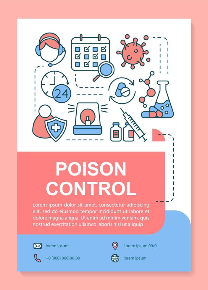 Poison control poster template layout. Toxic element research and containment. Banner, booklet, leaflet print design with linear icons. Vector brochure page layouts for magazines, advertising flyers