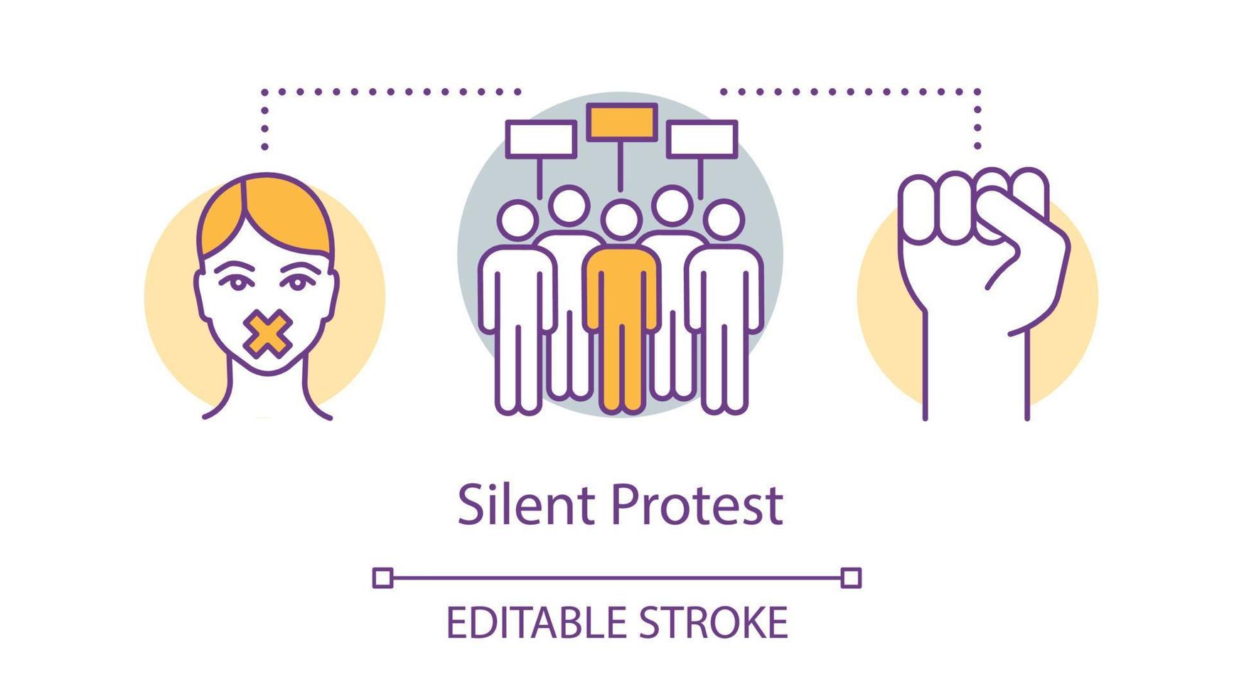 icono del concepto de protesta silenciosa. desobediencia civil, idea de resistencia no violenta ilustración de línea fina. puño levantado, manifestantes, activista con dibujo de contorno aislado del vector de la boca con cinta adhesiva. trazo editable