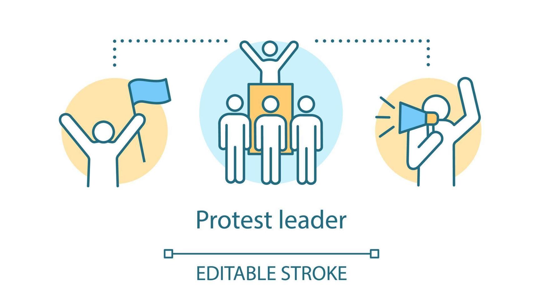Protest leader concept icon. Public demonstration, social strike idea thin line illustration. Activist holding flag, crowd and protester with megaphone vector isolated outline drawing. Editable stroke