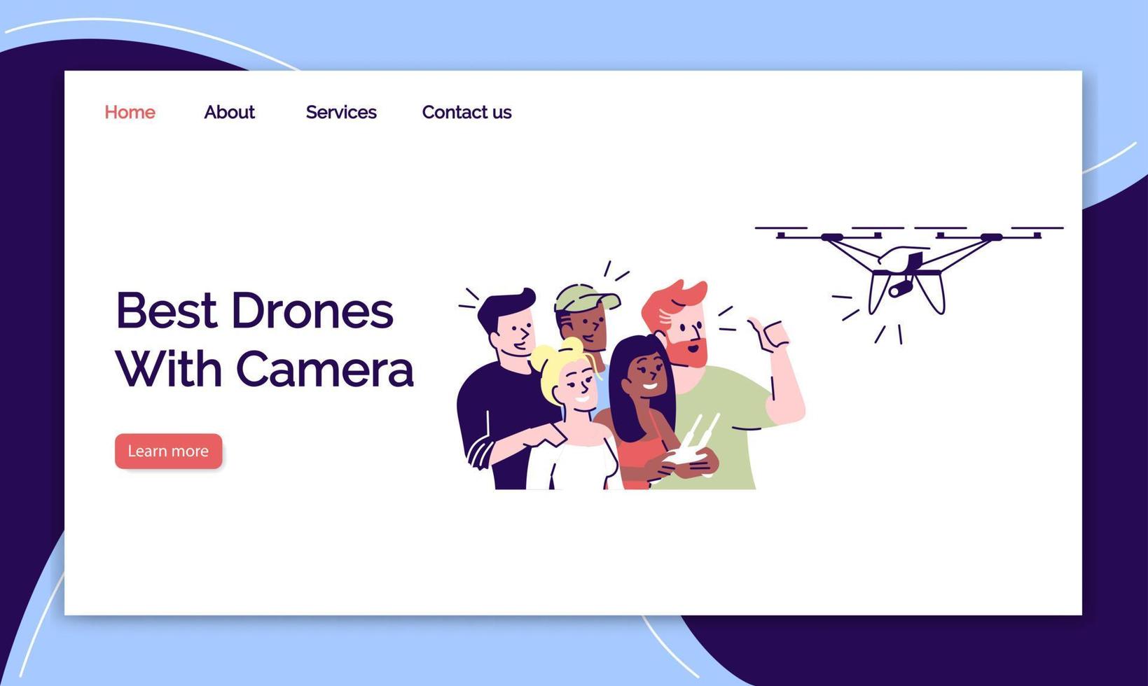 Best drones with camera landing page vector template. Shooting with drone website interface idea with flat illustrations. Friends taking selfie homepage layout. Web banner, webpage cartoon concept