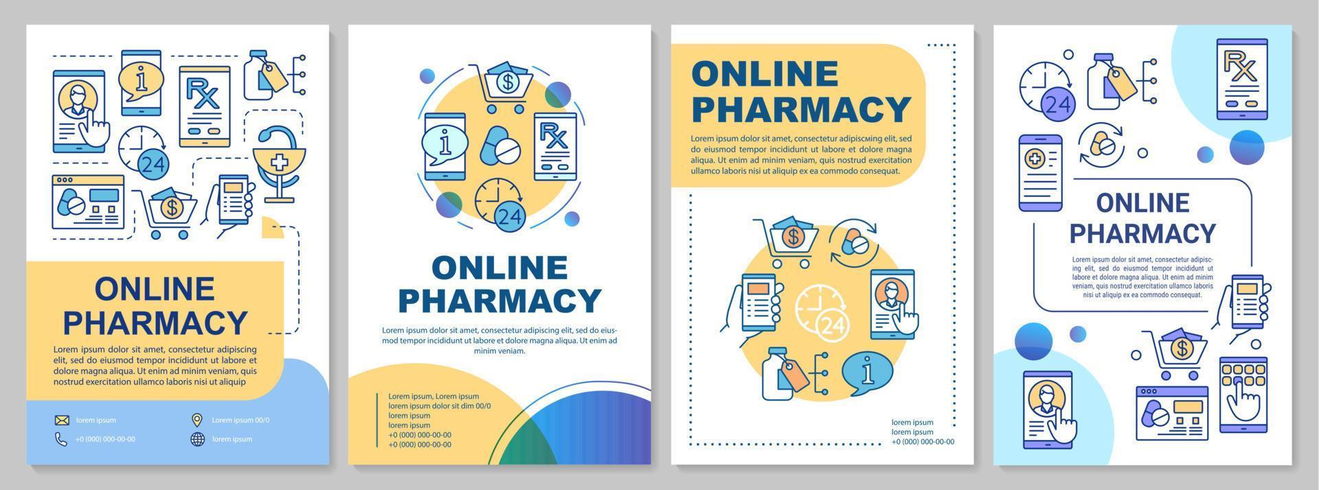 Online pharmacy brochure template layout. Internet drugstore. Flyer, booklet, leaflet print design with linear illustrations. Vector page layouts for magazines, annual reports, advertising posters