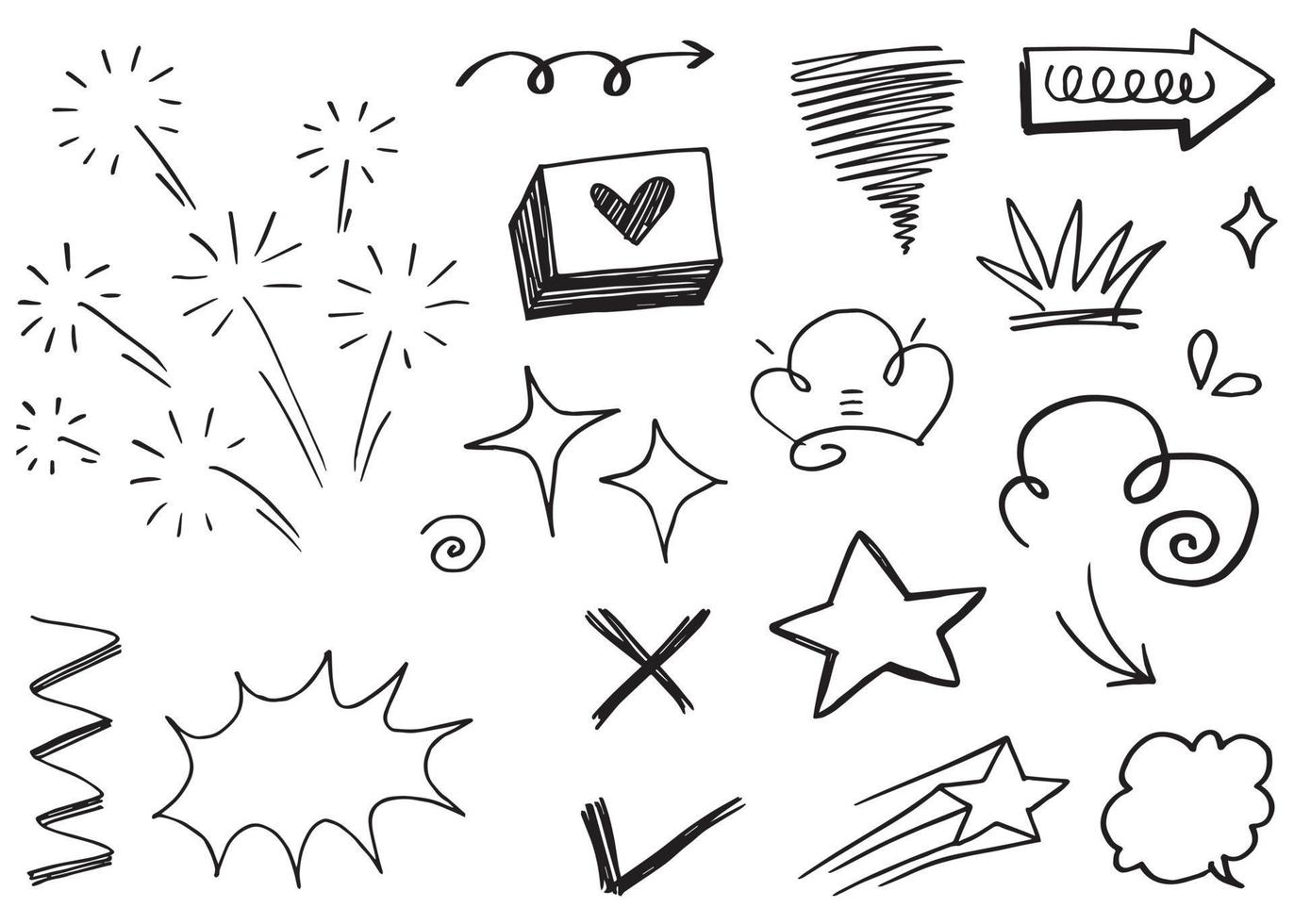 Abstract arrows, ribbons, crowns, hearts, explosions and other elements in hand drawn style for concept design. Doodle illustration. Vector template for decoration